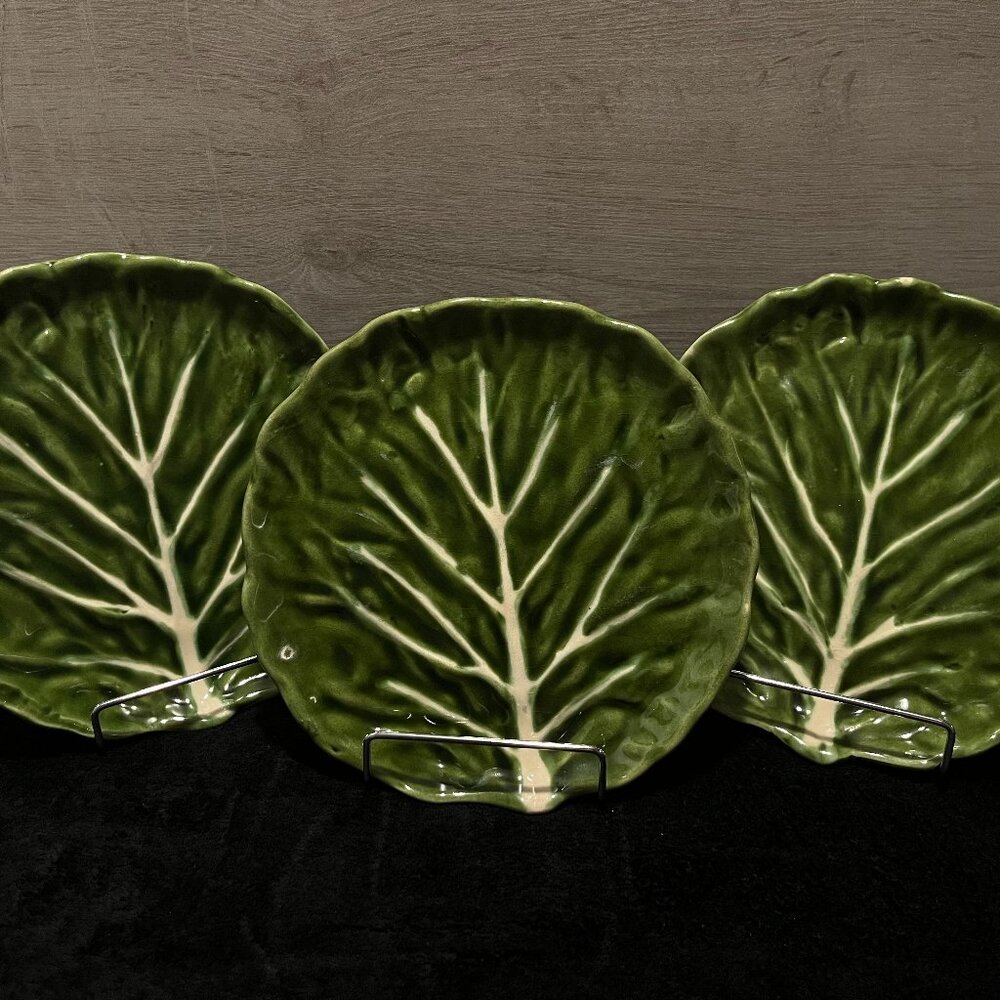 Set Of 3 Vintage 8” Cabbage Leaf Side Plates. Made In Portugal